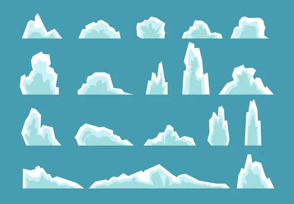 Arktischer Eisberg. Nordpol Reisen, Eisfelsen Gletscher Berg Winter Landschaft Elemente. Schnee Natur, schmelzender antarktischer Berg Vektor Set — Stockvektor