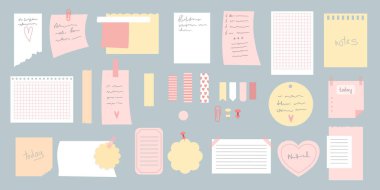 Çizgi film yapışkan notları. Not defteri, renkli izole yapıştırma, kağıt listesi okul defteri, not panosu etiketi, ofis etiketleri, düzgün vektör illüstrasyonları. Not yapışkan etiketi