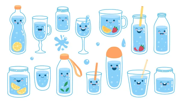 Drink more water. Cute waters world of drinks earth for health, glass decanter, ice liter beverages, funny stickers poster, fitness diet, doodle cartoon neat vector illustration. Container h2o bottle — Stock Vector