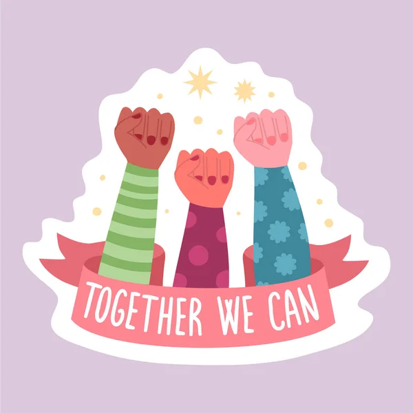 Feminist and body positive vector sticker Together we can. Female movement cartoon badge with inspirational quote. Women empowerment, self acceptance and gender equality trendy lettering pack — 스톡 벡터