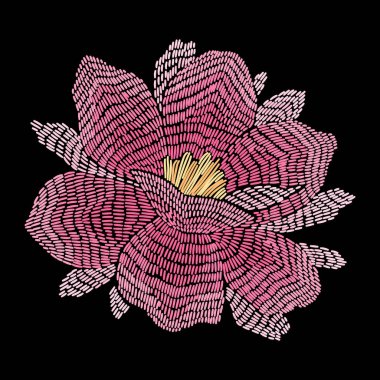 Nakış işlemeli nilüfer çiçeği üreticisi. Koyu arkaplanda el yapımı çiçek süsü. Moda ürünleri için nakış. Zarif döşeme tasarımı, baskı kumaşı veya kağıt ve daha fazlası için en iyisi.