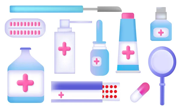 Pharmacy Drug Icons Set Realistic Cartoon Vector Medicine Bottle Pill — Image vectorielle