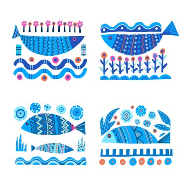 Cute fish card. Around motif with fish. Ocean marine underwater