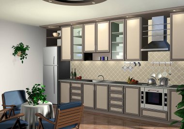 Modern bir mutfağın 3D görüntüsü
