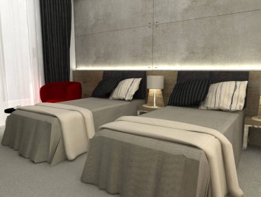 Yatak odası ya da otel odasının 3 boyutlu canlandırması