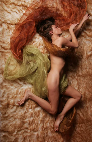 Sexy Woman Wrapped Silk Lying — Stock Photo, Image