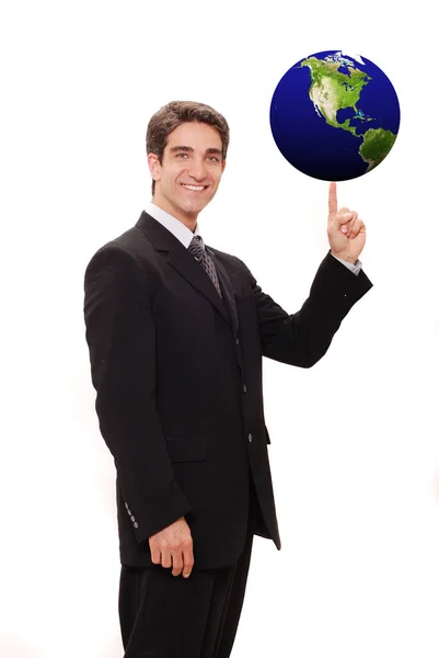 Успешный Бизнесмен Держит Земной Шар Изолированном Фоне Стоковое Изображение