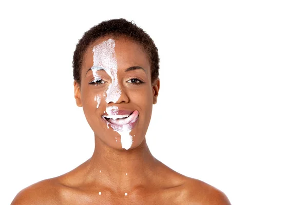 African American Woman Milk Her Face — Stock Photo, Image