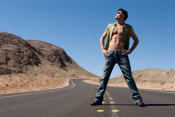Sexy Man Standing Empty Road — Stock Photo, Image