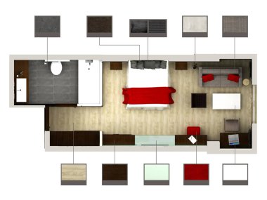 Yatak odası ya da otel odasının 3 boyutlu canlandırması