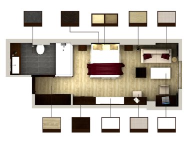 Yatak odası ya da otel odasının 3 boyutlu canlandırması