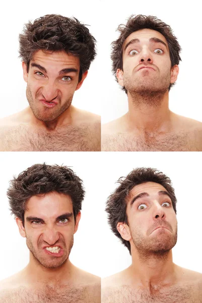 Birden fazla yüz ifadesi olan genç bir adam.