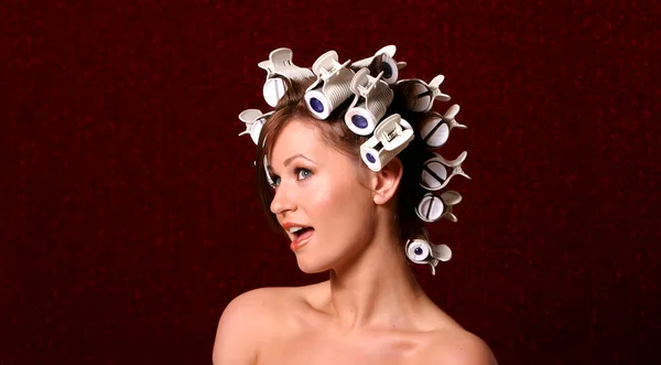 Woman Getting Her Hair Curled Hair Rollers — Stock Photo, Image