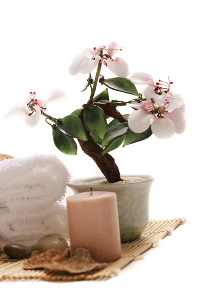 Spa Towels Candle Flower White Background — Stock Photo, Image