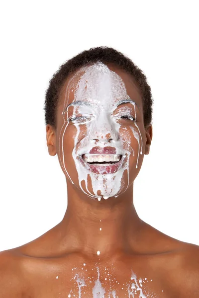 African American Woman Milk Her Face — Stock Photo, Image