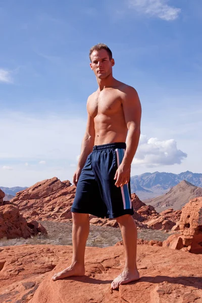 Kırmızı kayalıklardaki atletik genç adam