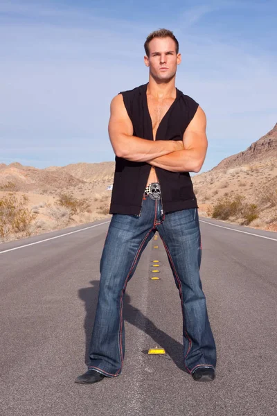 Sexy Muscular Man Standing Road — Stock Photo, Image
