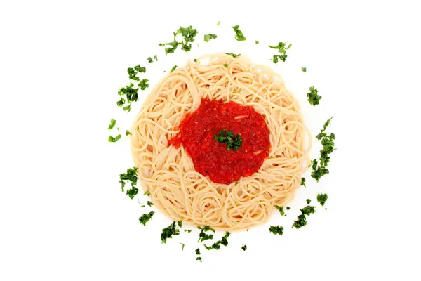 Deliciosos Espaguetis Caseros Cubiertos Con Salsa Tomate Caliente —  Fotos de Stock