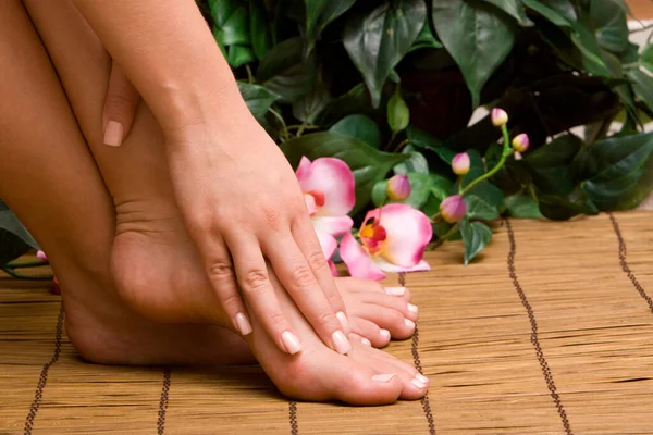 Orkideli pedikür kadın ayakları.