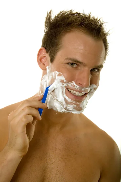 Young Male Shaving His Beard Razor — Stock Photo, Image