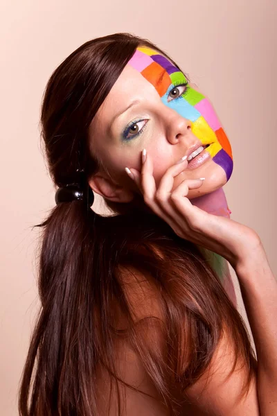 Young Long Hair Brunette Girl Colorful Fashion Makeup — Stock Photo, Image