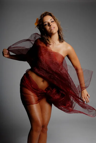 Beautiful Sexy Woman Wrapped Silk Fabric — Stock Photo, Image