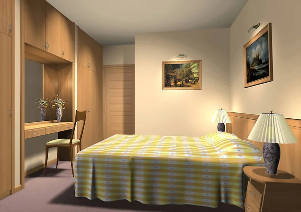 ホテルの部屋やベッドルームの3Dレンダリング — ストック写真