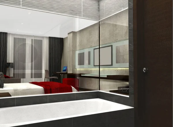 卧室或酒店房间的3D渲染 — 图库照片