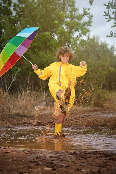 Little cheerful boy in yellow raincoat and rubber boots splashing in puddle of water and holding colorful umbrella
