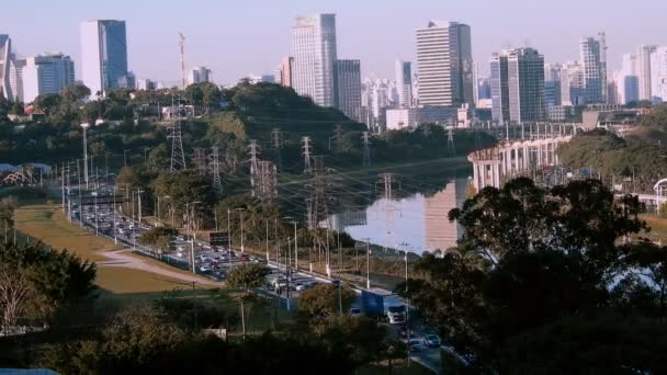 Miejska Panorama Marginal Avenue Pinheiros River Pierwszym Planie Południowej Strefie — Wideo stockowe