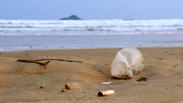 Copo Plástico Jogado Como Lixo Areia Praia Enseda Guarujá Brasil — Vídeo de Stock