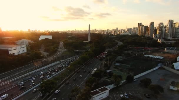 Pôr Sol Cidade São Paulo Com Vista Aérea Parque Ibirapuera — Vídeo de Stock