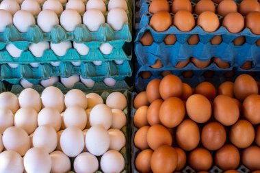 Brezilya 'daki sokak fuarındaki tezgahta duran kağıt pakette yumurtalar.