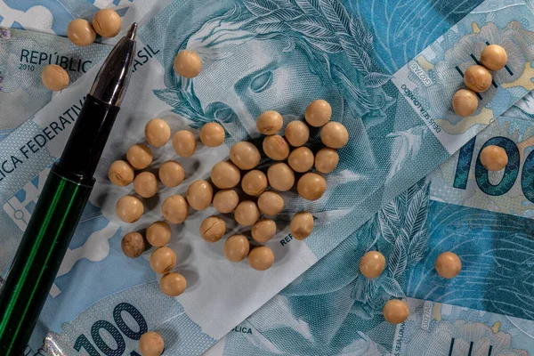 Soybeans spread over one hundred reais of brazilian money, conceptualizing agribusiness and the commodity market. in Brazil