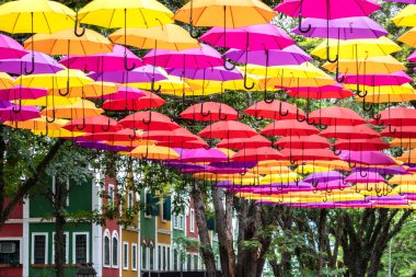 Holambra, Sao Paulo, Brezilya. 16 Mart 2022 'de Holambra şehrinde turistik bir yer olan Alameda, renkli şemsiyeler, Hollanda takunyaları ve tipik binalarla süslenmiştir..