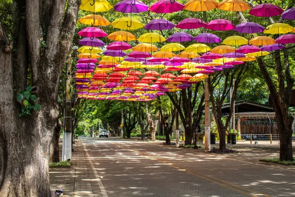 巴西圣保罗Holambra 2022年3月16日 霍兰布拉市旅游景点 阿拉米达装饰着五颜六色的雨伞 杜奇木塞和典型的建筑 — 图库照片