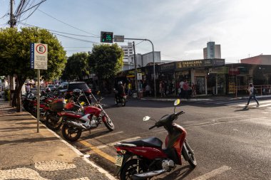 Marilia, Sao Paulo, Brazil, July 27, 2022. Reserved parking spaces for motorcycles on Nove de Julho street, downtown Marilia