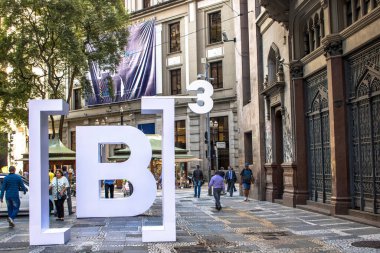 Sao Paulo, SP, Brazil, March 30, 2017. BM & F Bovespa will install panels with the company's new name, B3 - Brasil, Bolsa, Balcao, at XV de Novembro street, downtown Sao Paulo