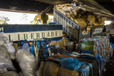 Sao Paulo, Brazil, April 04, 2017. truck that unloads recyclable materials at a Collective Work and Collective Cooperative in the Glicerio neighborhood, in downtown Sao Paulo