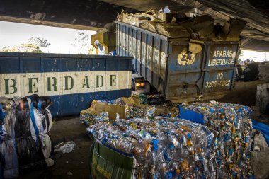 Sao Paulo, Brazil, April 04, 2017. truck that unloads recyclable materials at a Collective Work and Collective Cooperative in the Glicerio neighborhood, in downtown Sao Paulo
