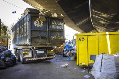 Sao Paulo, Brazil, April 04, 2017. truck that unloads recyclable materials at a Collective Work and Collective Cooperative in the glicerio neighborhood, in downtown Sao Paulo