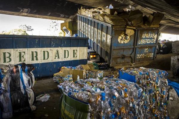 Sao Paulo, Brazil, April 04, 2017. truck that unloads recyclable materials at a Collective Work and Collective Cooperative in the Glicerio neighborhood, in downtown Sao Paulo