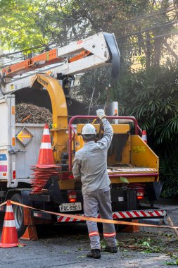 Sao Paulo, Brezilya, Eylül 08, 2021. Belediye çalışanları Sao Paulo 'nun güneyinde ağaç kesme işini üstlendi.