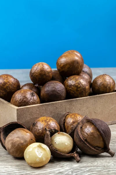 Nahaufnahme Einer Macadamia Nuss Mit Selektivem Fokus Auf Den Holztisch — Stockfoto