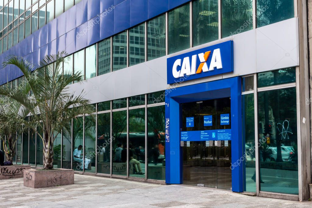 Sao Paulo, Brazil, September 11 ,2015. Facade of Caixa Economica Federal bank branch on Paulista Avenue, central region of Sao Paulo city