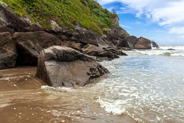 Klippor Och Träd Vid Stranden Vacker Solig Dag Atlantskogen Brasilien — Stockfoto