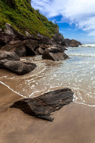 Klippor Och Träd Vid Stranden Vacker Solig Dag Atlantskogen Brasilien — Stockfoto