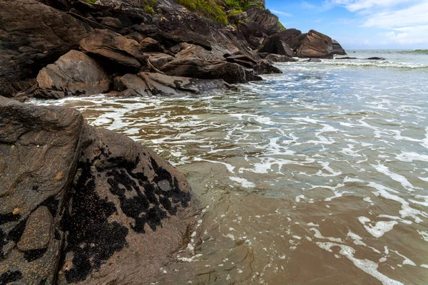 Klippor Och Träd Vid Stranden Vacker Solig Dag Atlantskogen Brasilien — Stockfoto