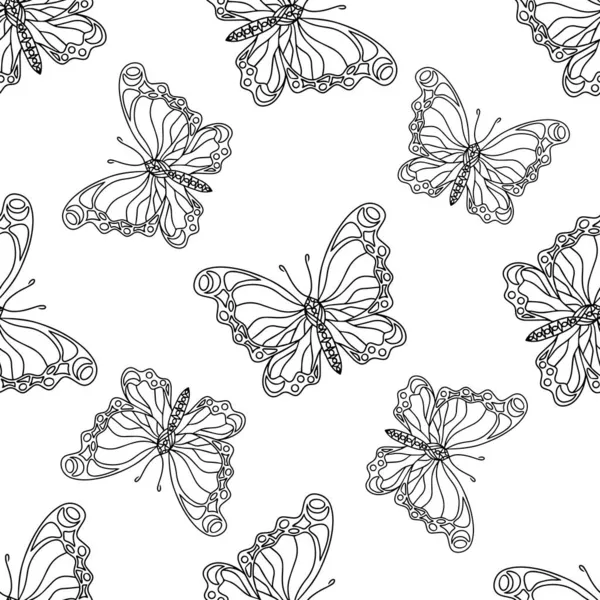 Sin Costuras Con Mariposa Línea Negra Fondo Blanco Patrón Vectorial — Vector de stock