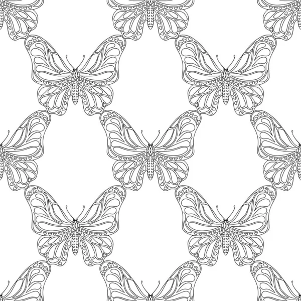 Seamless Black Line Butterfly White Background Vector Pattern Banner Card — Stock Vector